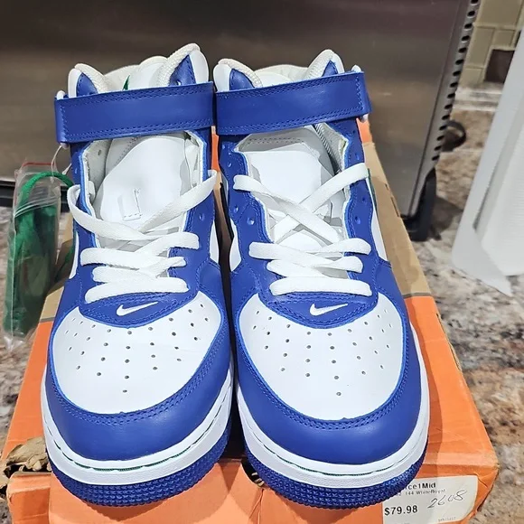 Nike Air Force 1 Mid Blue White Sneakers with Green Accents - Picture 2 of 6